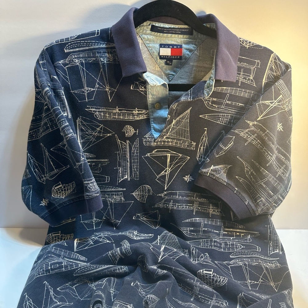 Tommy Hilfiger Men’s  Polo Sailboats Nautical Cotton Pre-owned Size M Pre-owned